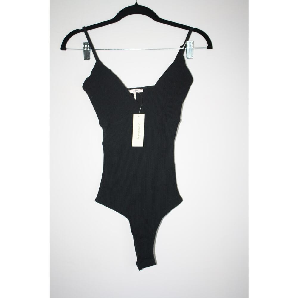 Francesca's Bodysuit One‎ Piece Black XS Ribbed V-Neck Adjustable Straps NWT